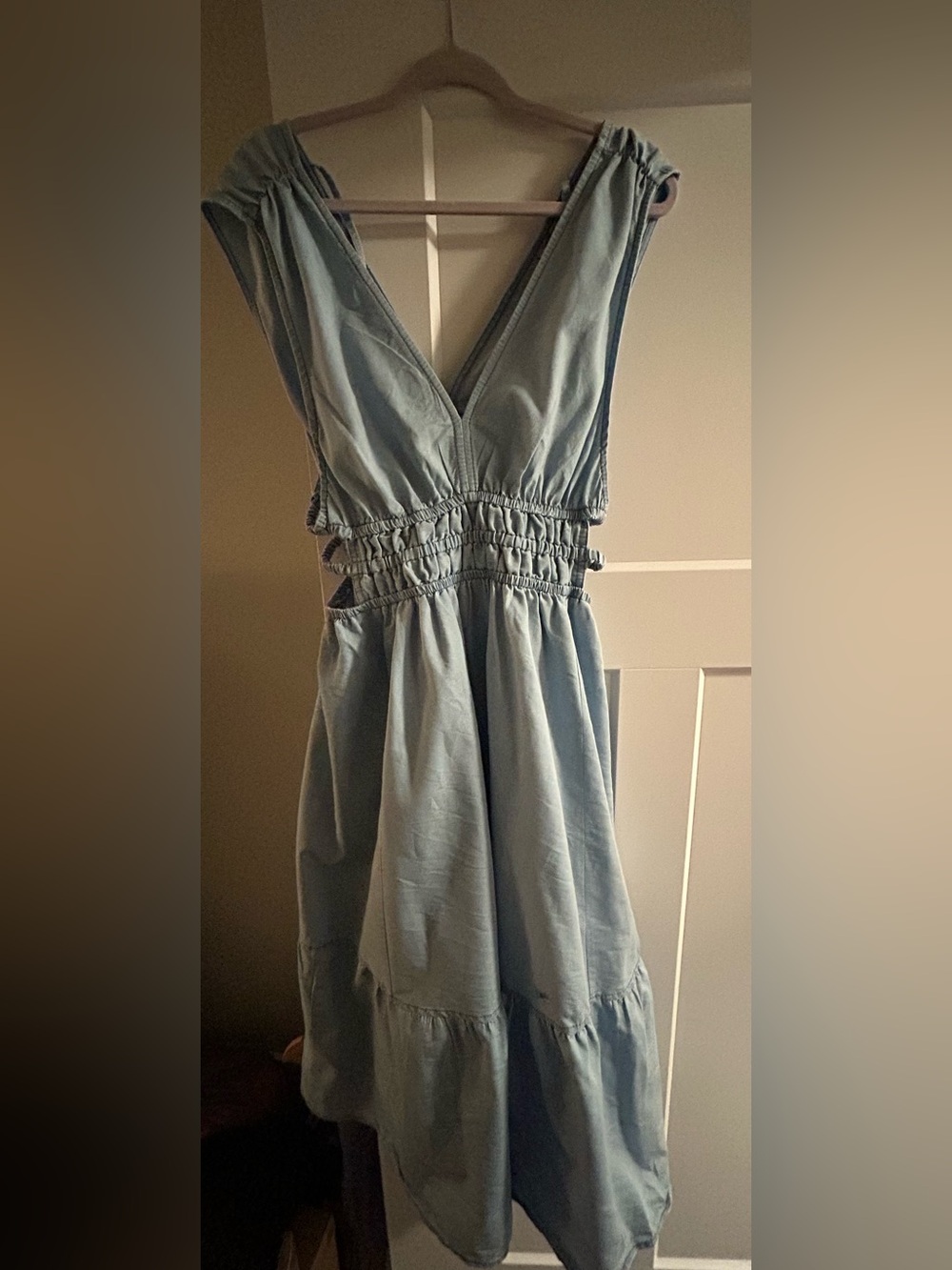 Backless V-Neck Tiered Dress in Light Blue with Smocked Waist